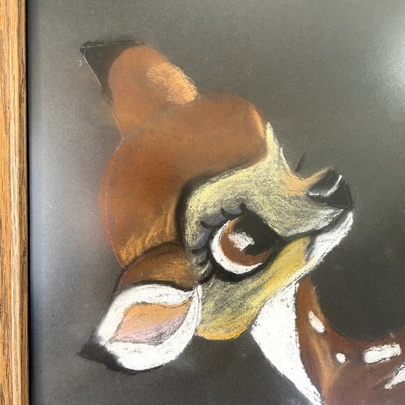 Vintage Original Chalk Pastel Drawing Bambi Deer Fawn Framed - Picture 3 of 9